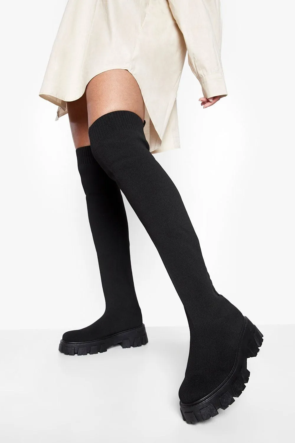 BLACK KNITTED OVER THE KNEE LONG SOCK BOOTS