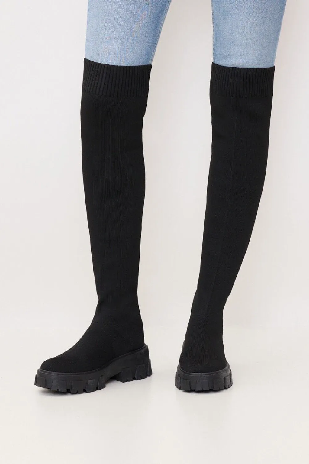 BLACK KNITTED OVER THE KNEE LONG SOCK BOOTS