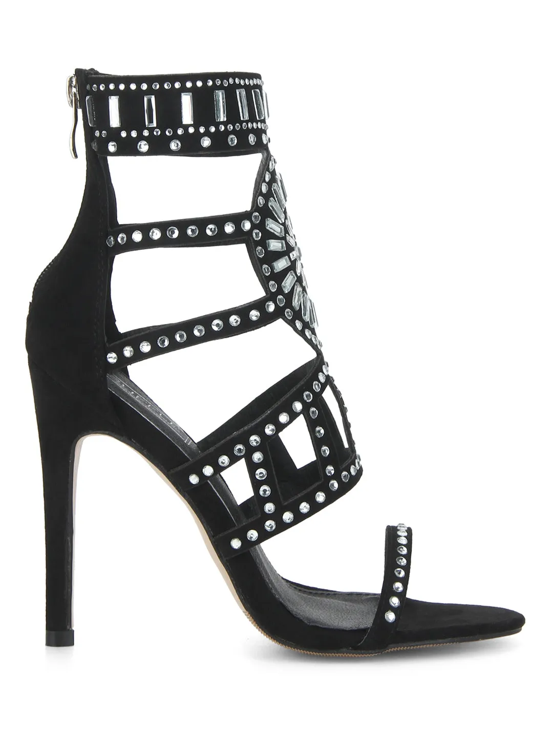 Black Microfibre Diamante Strapped Stiletto Heels