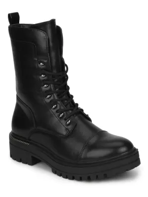 Black PU Combat Lace Up Ankle Boots