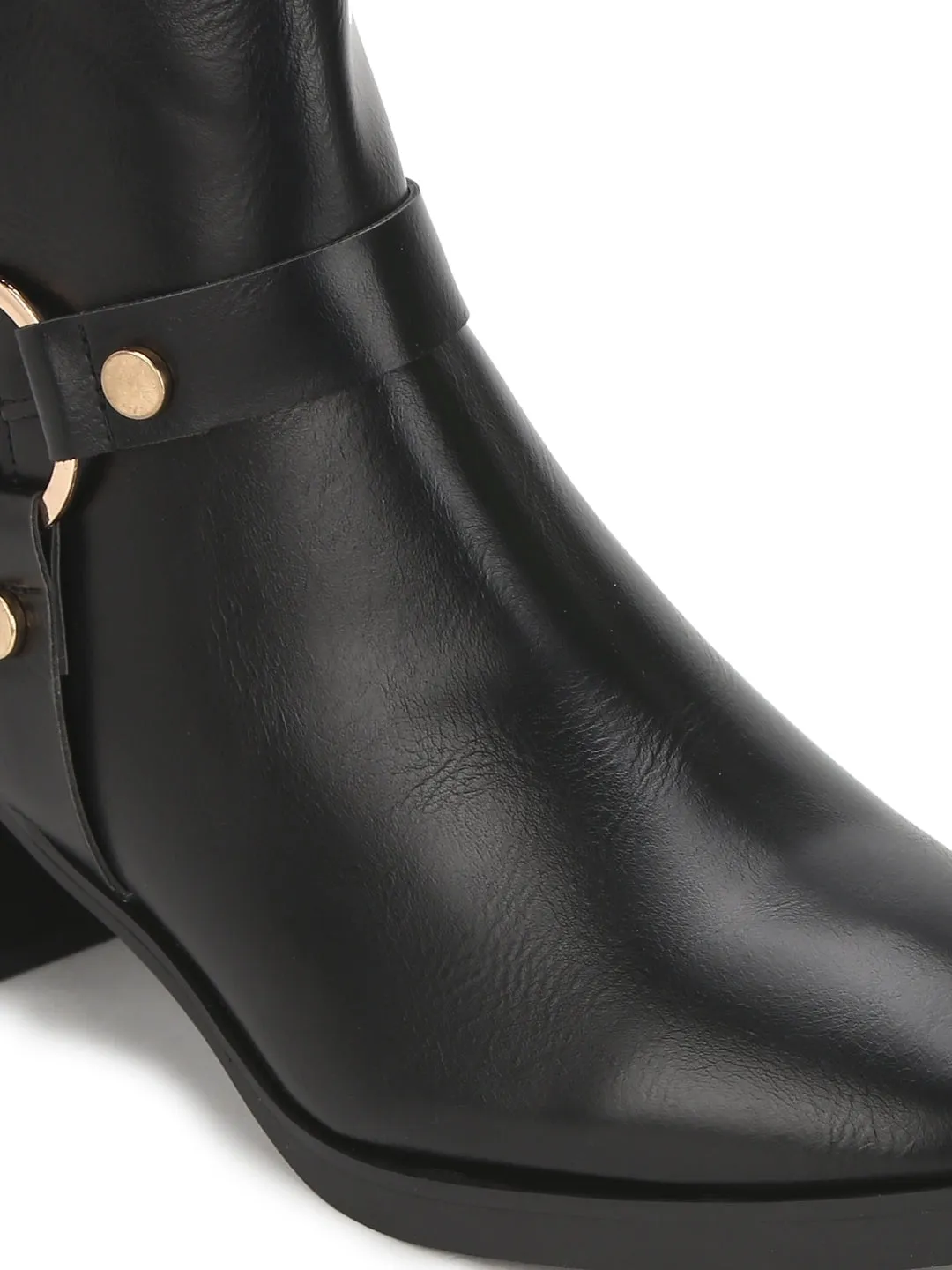 Black PU Round Buckle Belt Ankle Length Boots