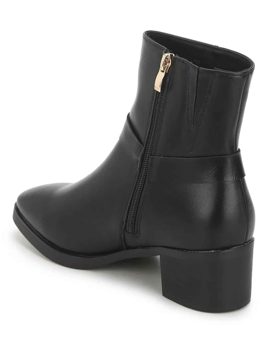 Black PU Round Buckle Belt Ankle Length Boots