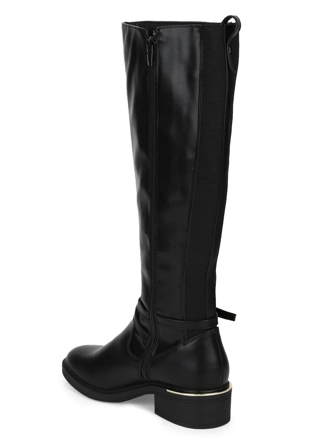 Black PU Side Buckle Zip Up Riding Knee Boots