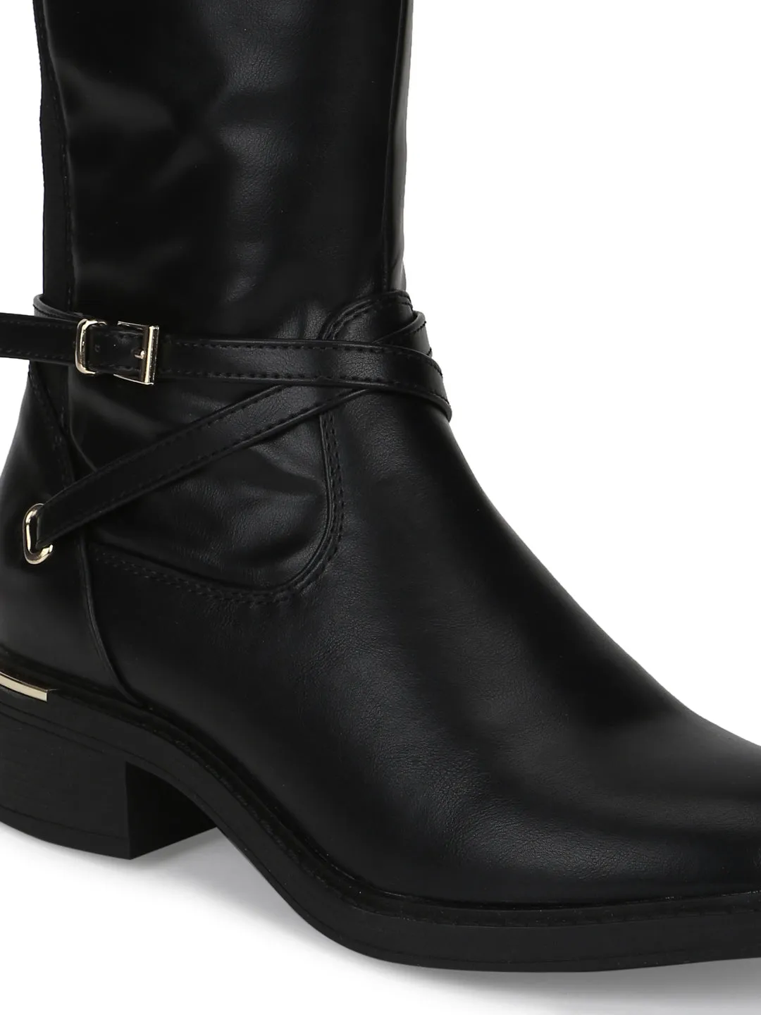 Black PU Side Buckle Zip Up Riding Knee Boots