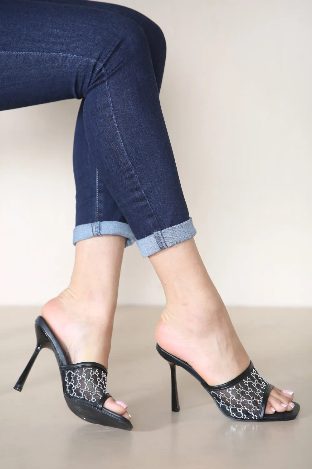 BLACK PU SQUARE TOE MULE HEELS