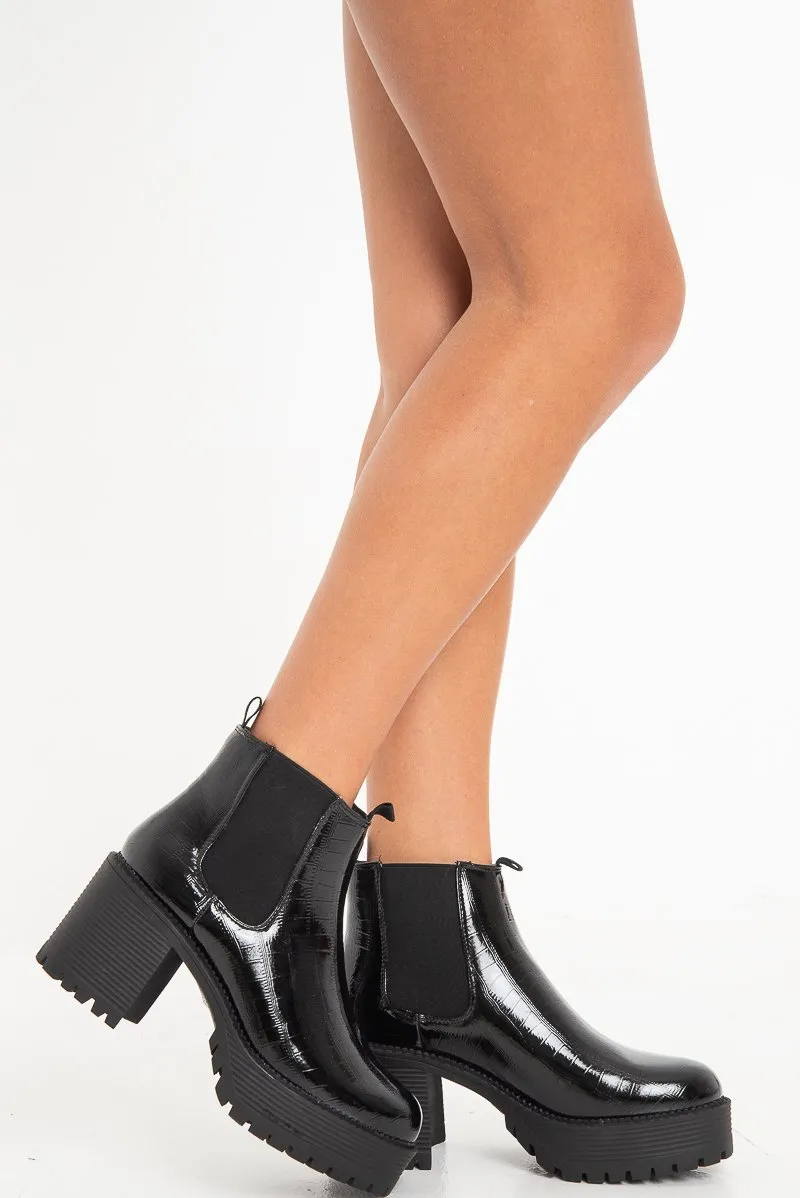 Black Shiny Platform Block Heel Boots - Liliah