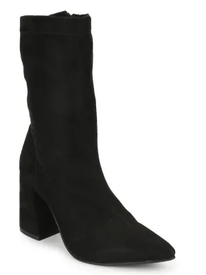 Black Suede Pointed Toe Sock Mid Calf Boots