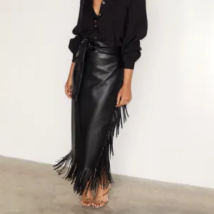 Black Vegan Leather Fringe Jaspre Skirt