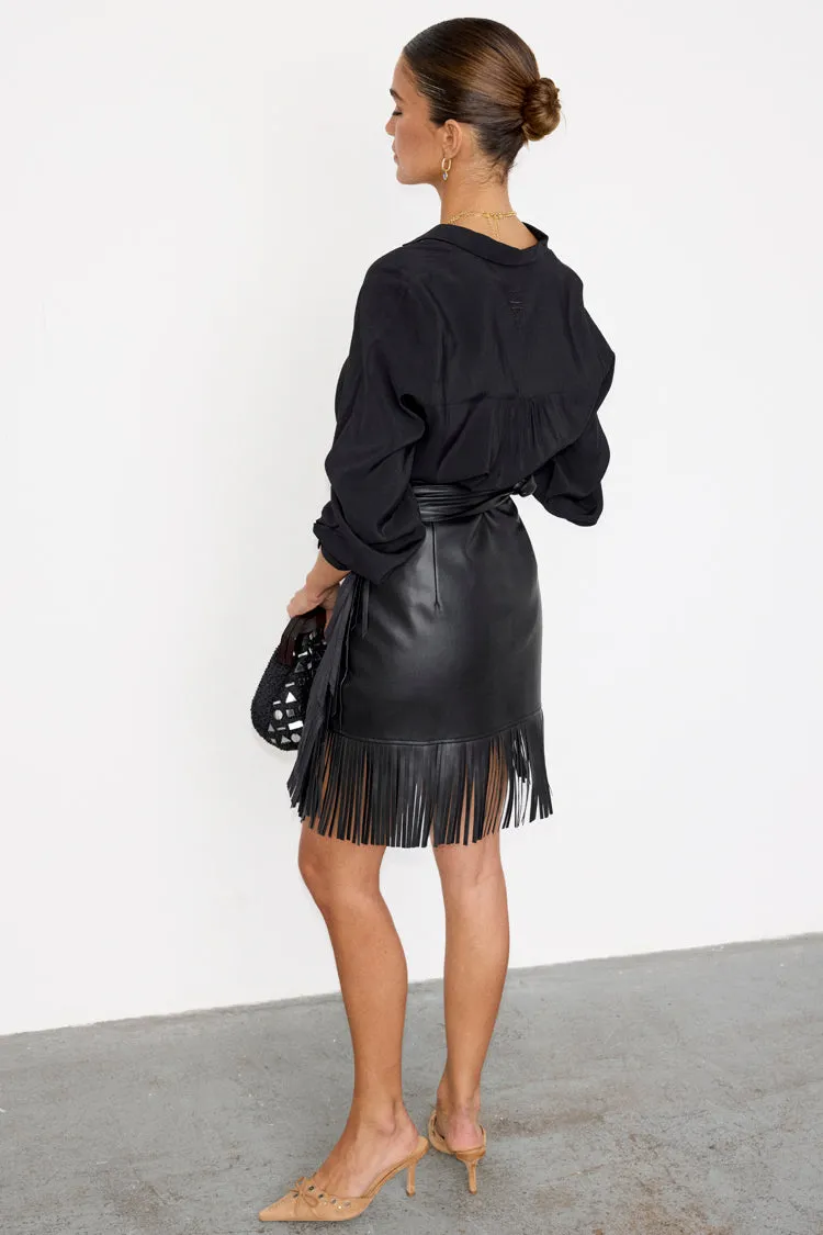 Black Vegan Leather Mini Fringe Jaspre Skirt