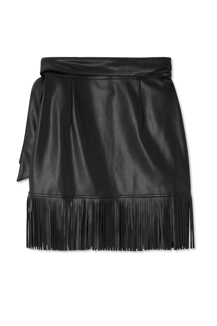 Black Vegan Leather Mini Fringe Jaspre Skirt