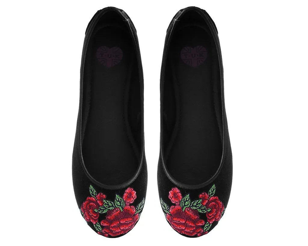 Black Velvet Rose Embroidered Flat