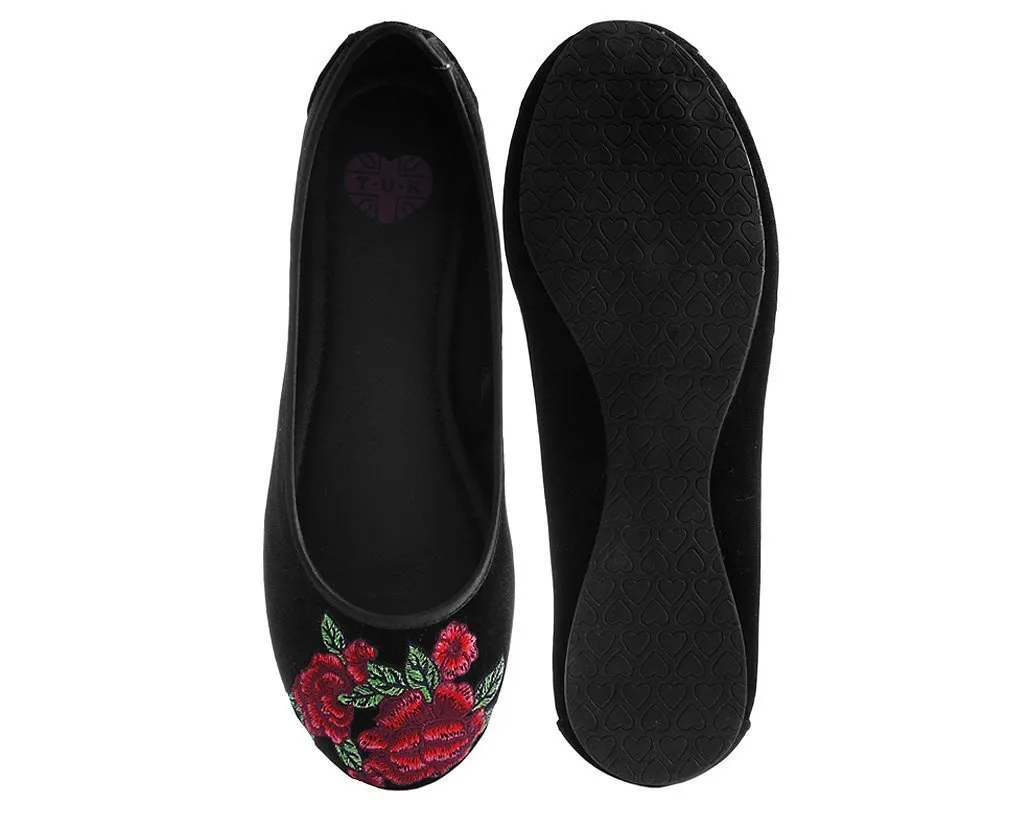 Black Velvet Rose Embroidered Flat