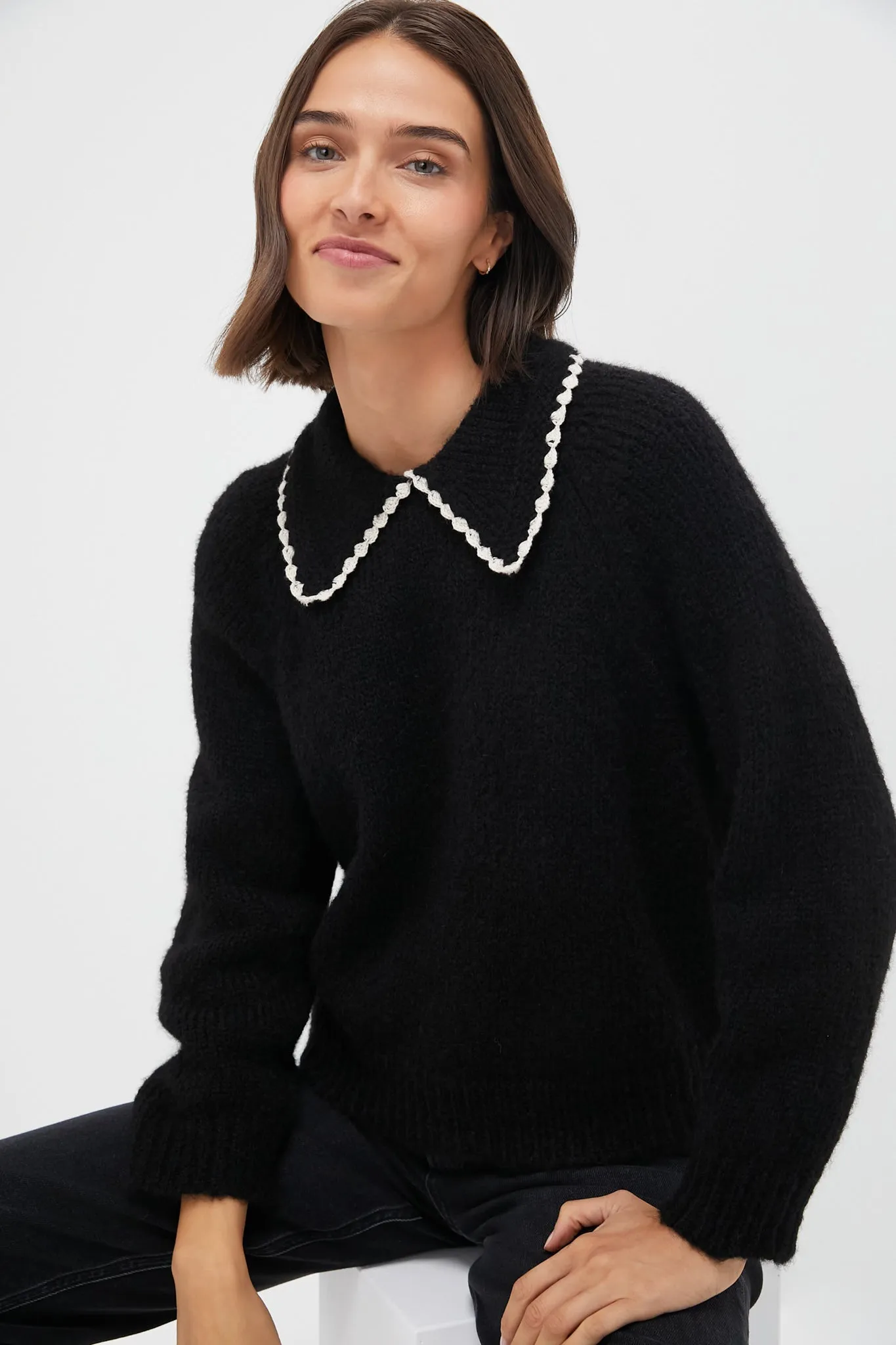 Black with Soft White The Crochet Collar Pullover