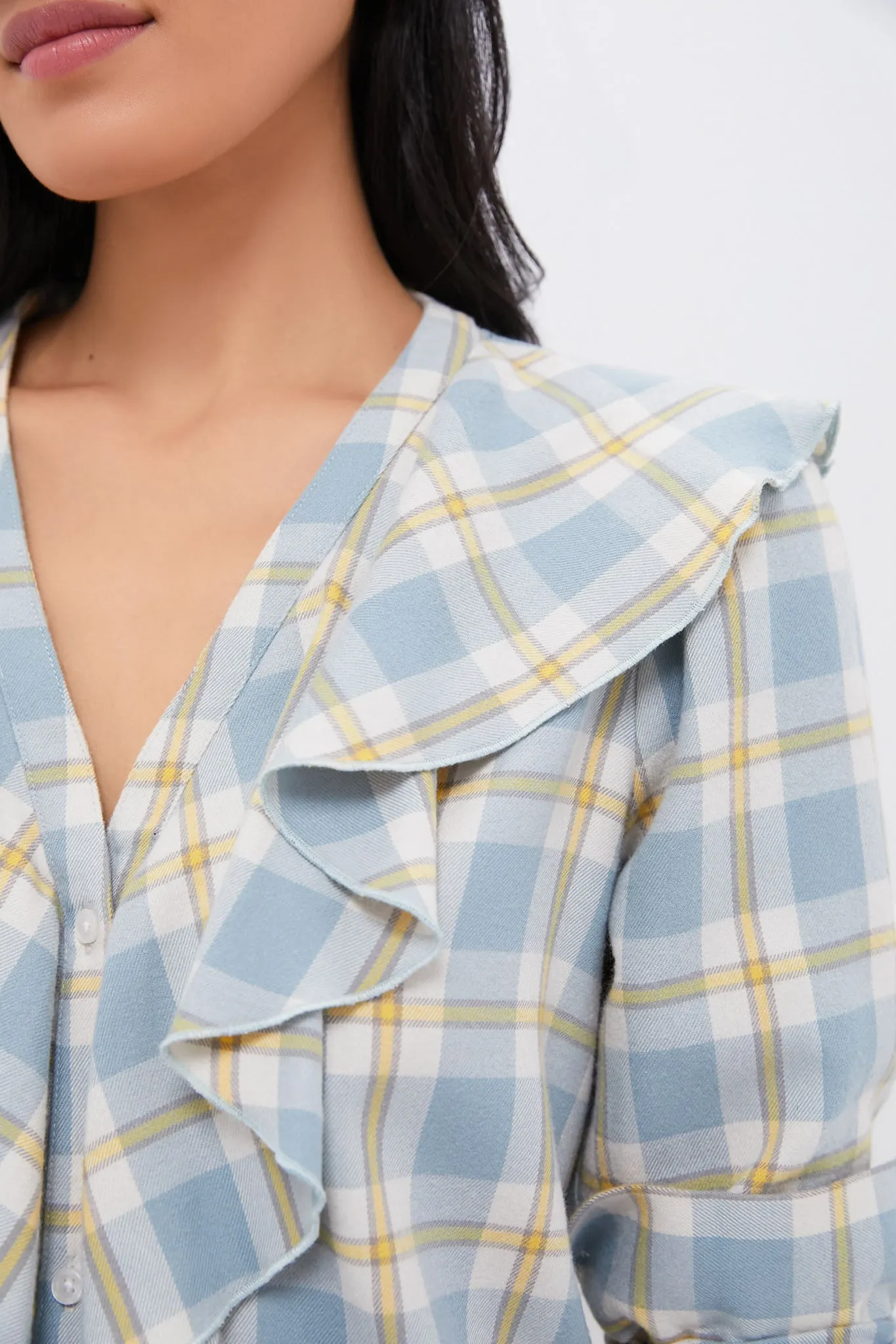 Blue Plaid V Neck Ruffle Eileen Button Down