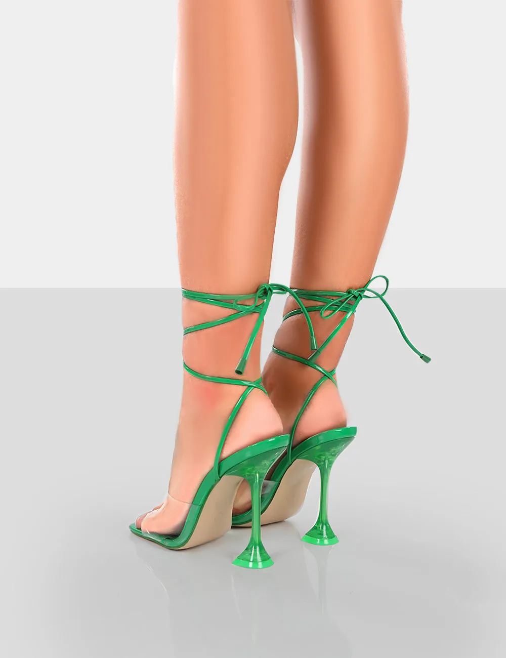 Bly Green Patent Clear Perspex Cake Stand Lace Up Square Toe Heels