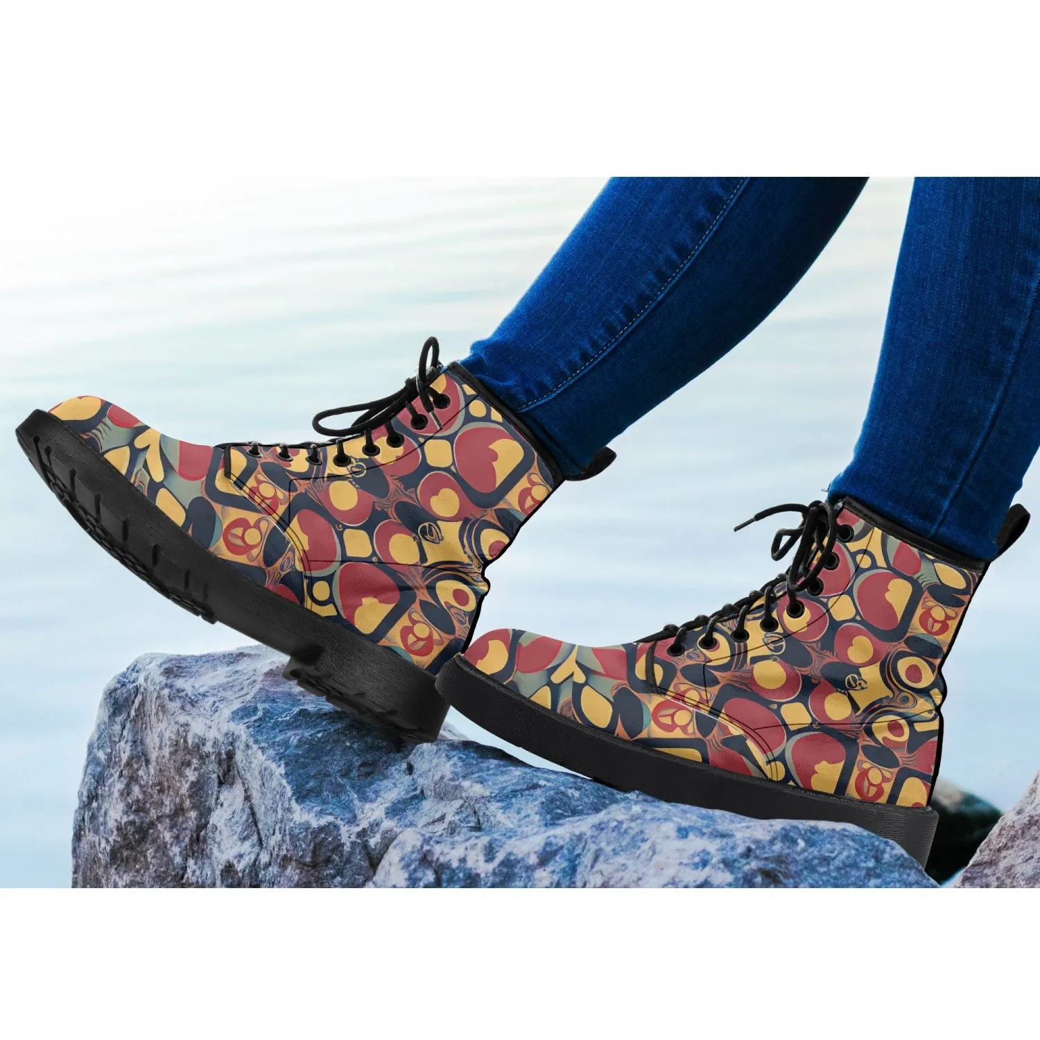 Bottes en cuir tendance "Motif noir, jaune et rouge"(188)