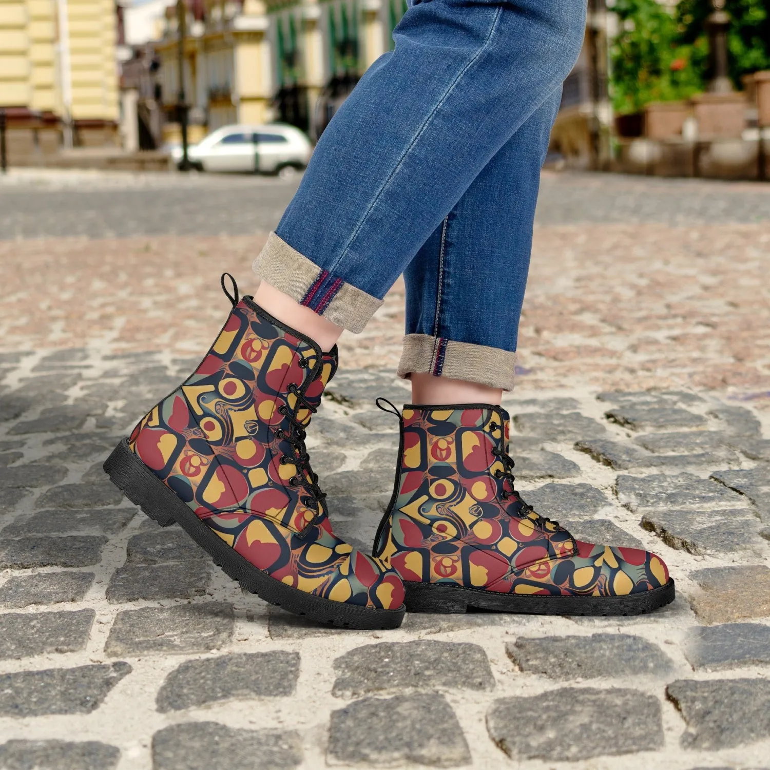 Bottes en cuir tendance "Motif noir, jaune et rouge"(188)