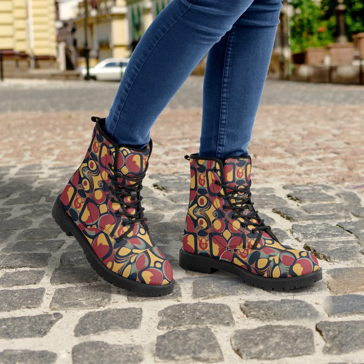 Bottes en cuir tendance "Motif noir, jaune et rouge"(188)