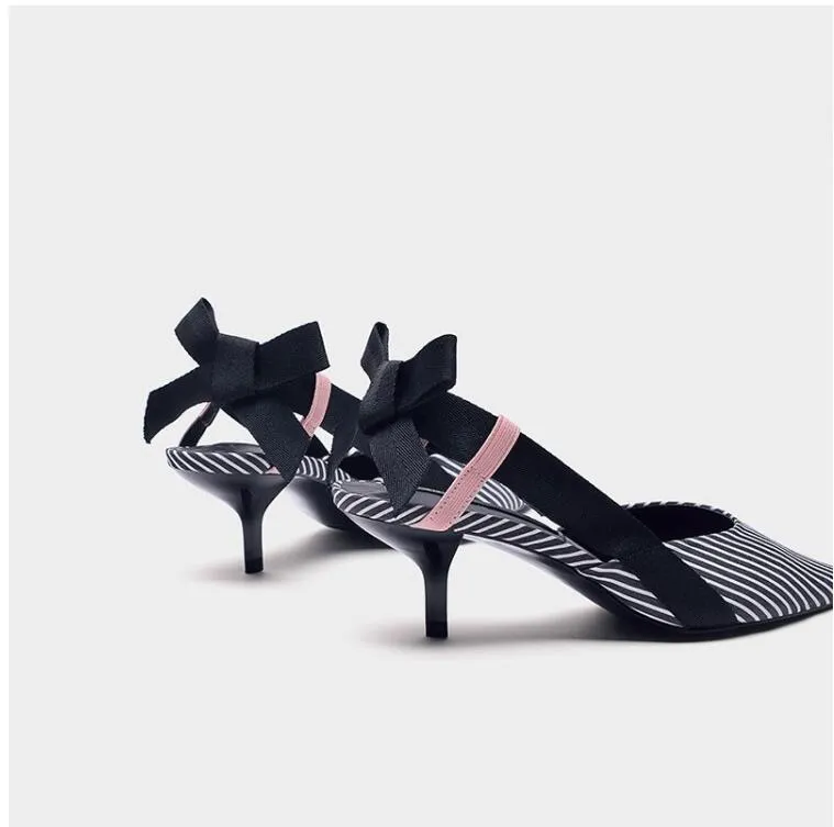 Boussac Stripe Kitten Heel Women Mules Pointed Toe Bowtie Women Sandals High Heels Summer Slip on Shoes Women SWC0112