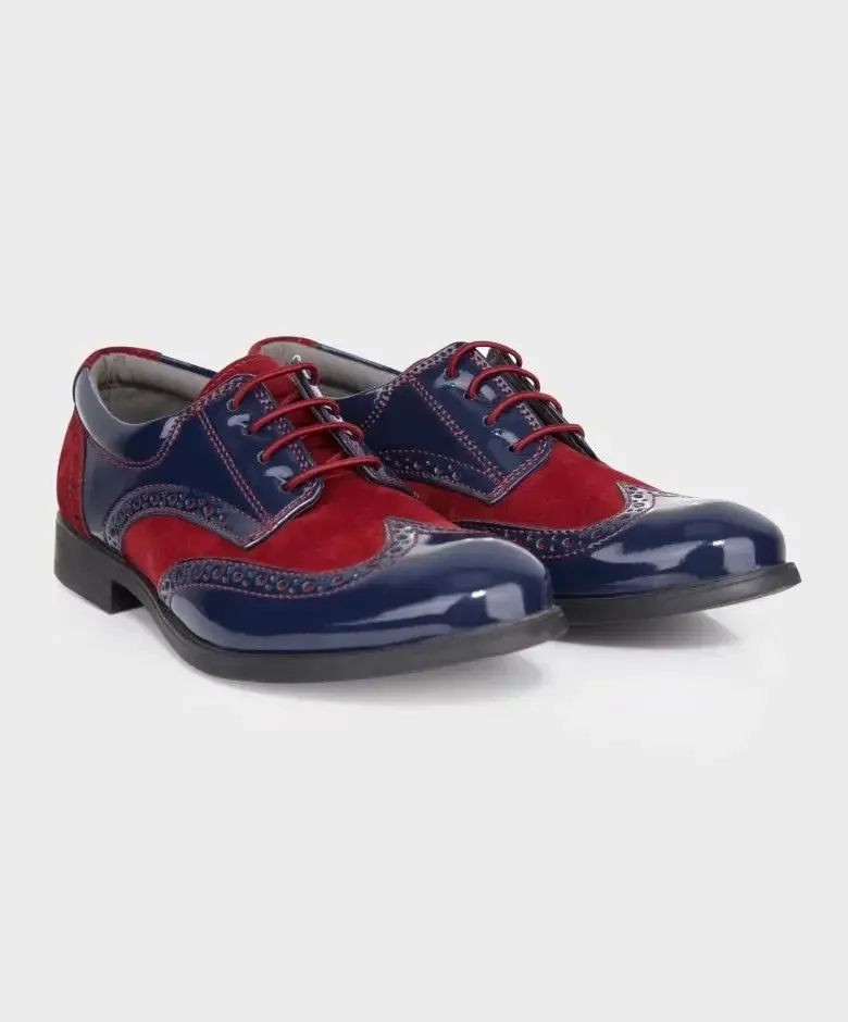 Boys Patent Leather & Suede Lace Up Brogue Derby Shoes - Navy Blue - Burgundy