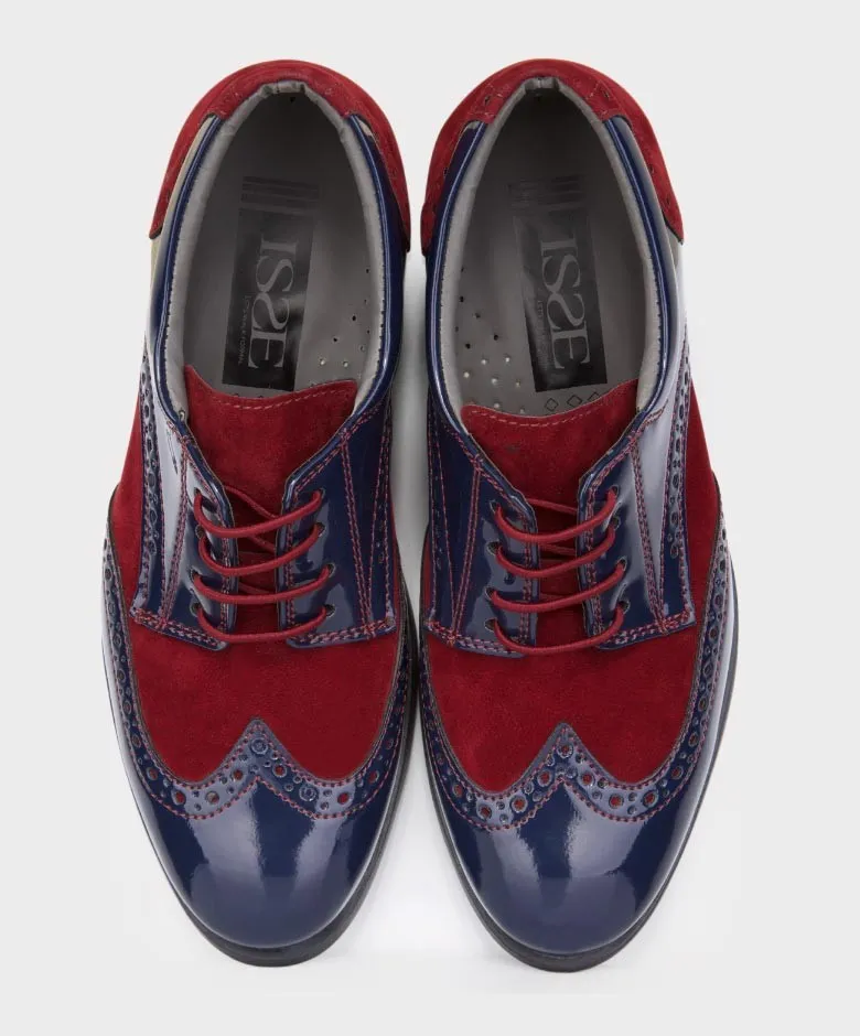 Boys Patent Leather & Suede Lace Up Brogue Derby Shoes - Navy Blue - Burgundy