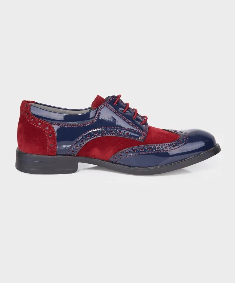 Boys Patent Leather & Suede Lace Up Brogue Derby Shoes - Navy Blue - Burgundy