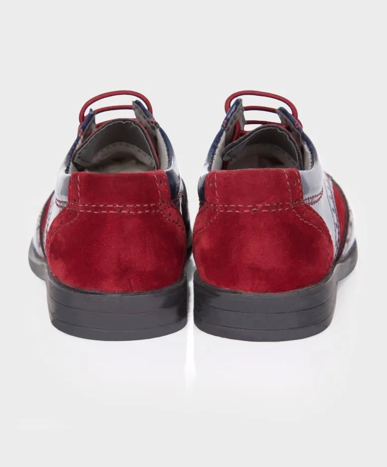 Boys Patent Leather & Suede Lace Up Brogue Derby Shoes - Navy Blue - Burgundy