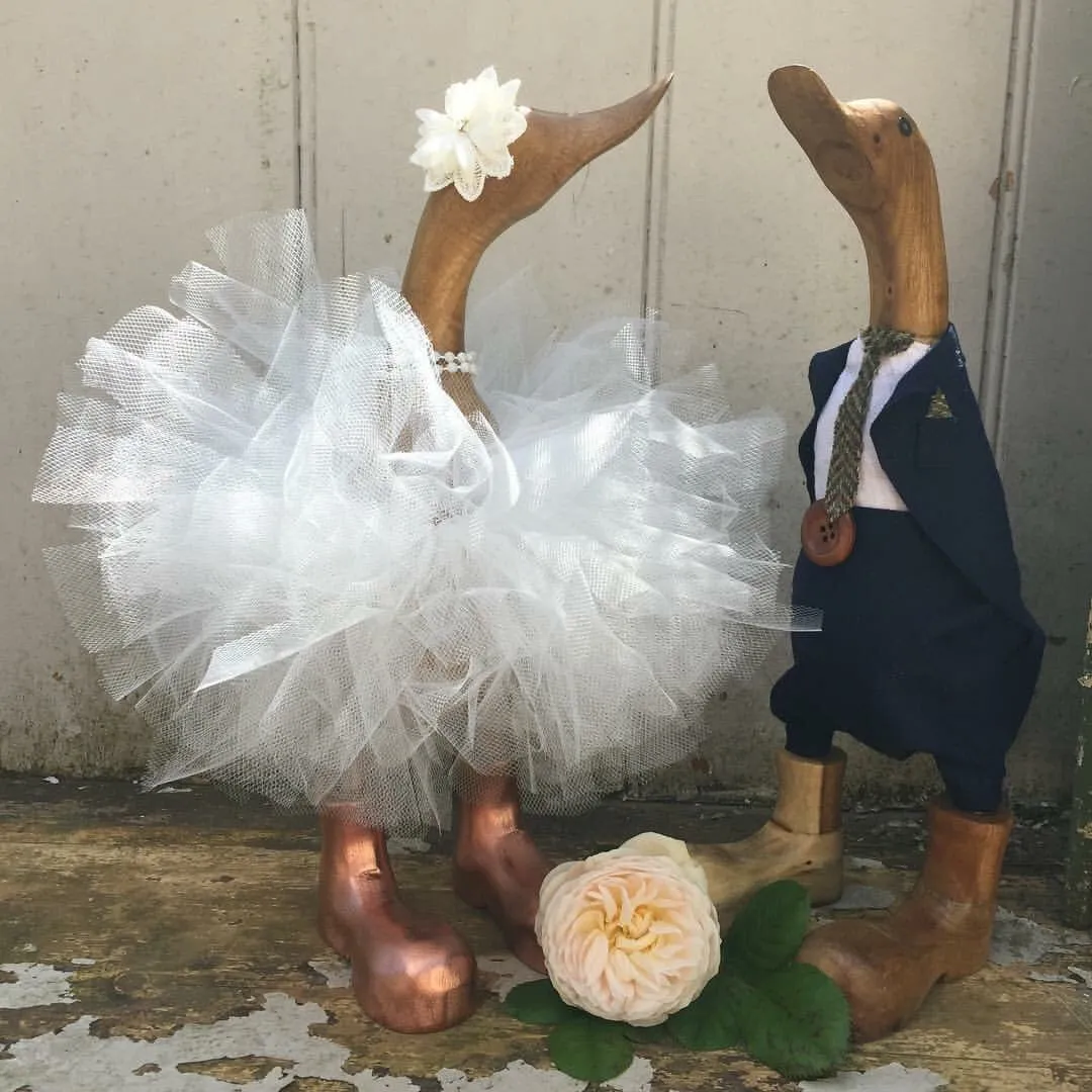 Bridal Couple - Tutu Bride & Navy Groom Wedding Pair - Decorated Wooden Duck in Boots by Mrs H the Duck Lady