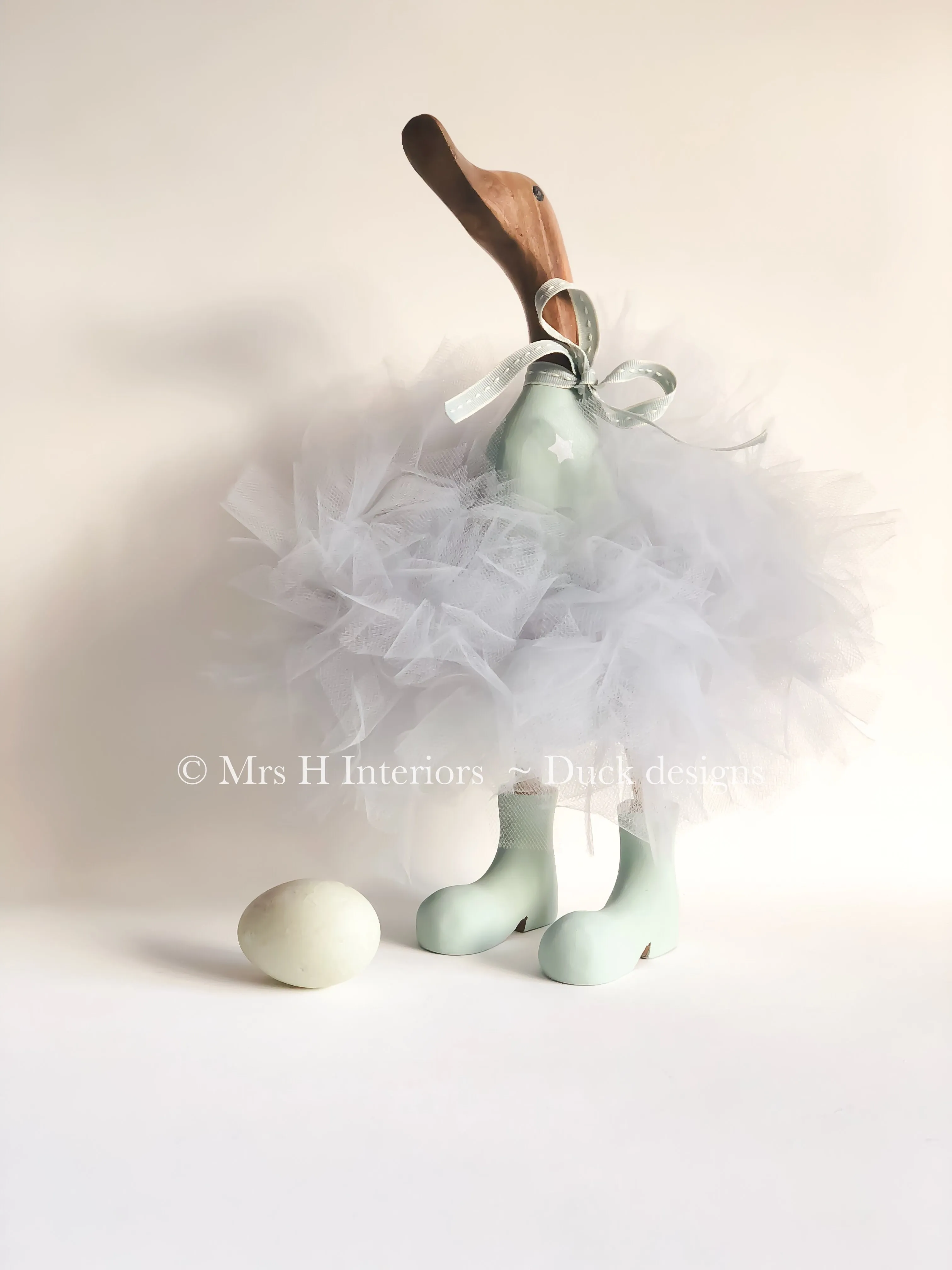 Bubbles - Duck Egg with Stars Grey Tutu Duck - Decorated Wooden Duck in Boots by Mrs H the Duck Lady