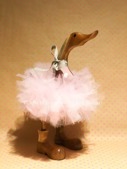 Bubbles - Pink with Stars Grey Tutu Duck - Decorated Wooden Duck in Boots by Mrs H the Duck Lady