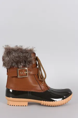 Buckled Faux Fur Cuff Lace Up Duck Ankle Boots