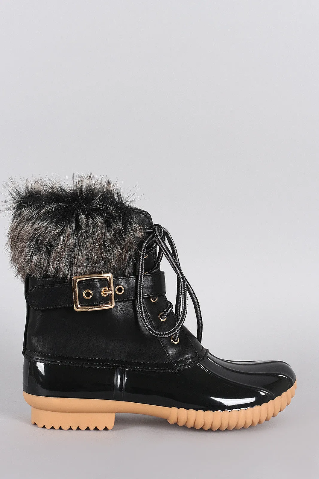 Buckled Faux Fur Cuff Lace Up Duck Ankle Boots