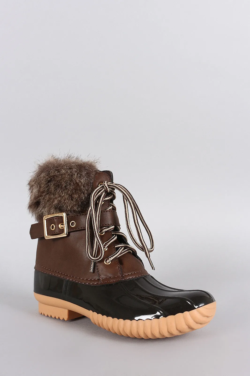 Buckled Faux Fur Cuff Lace Up Duck Ankle Boots