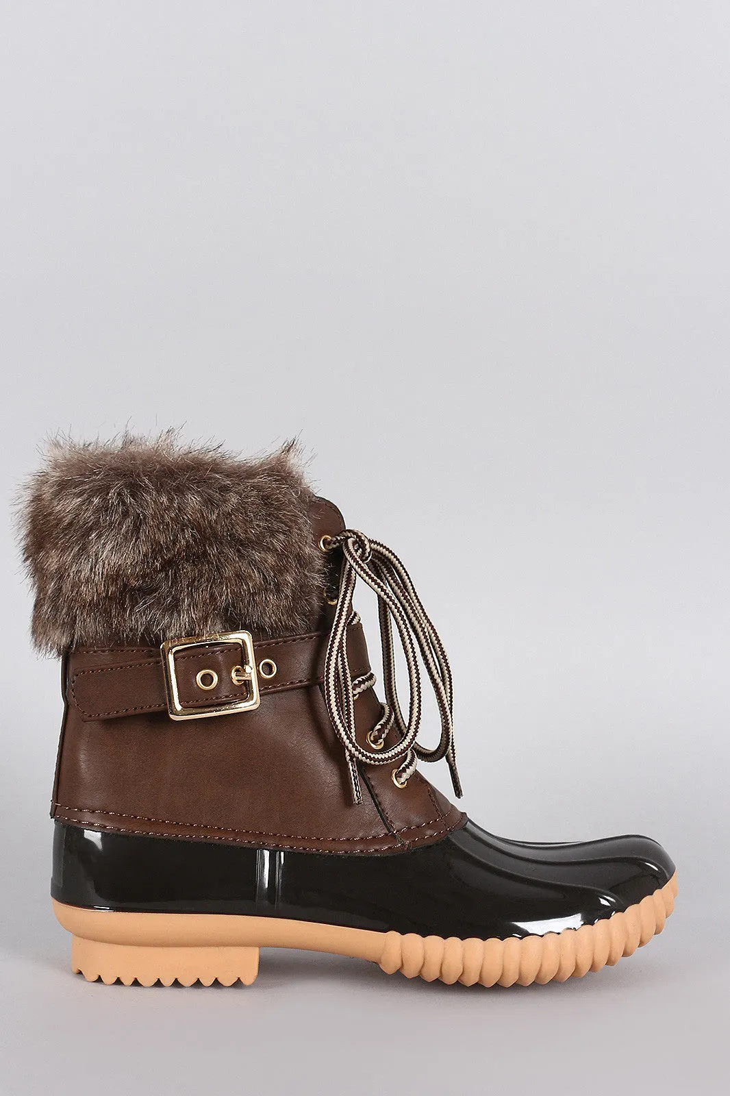 Buckled Faux Fur Cuff Lace Up Duck Ankle Boots