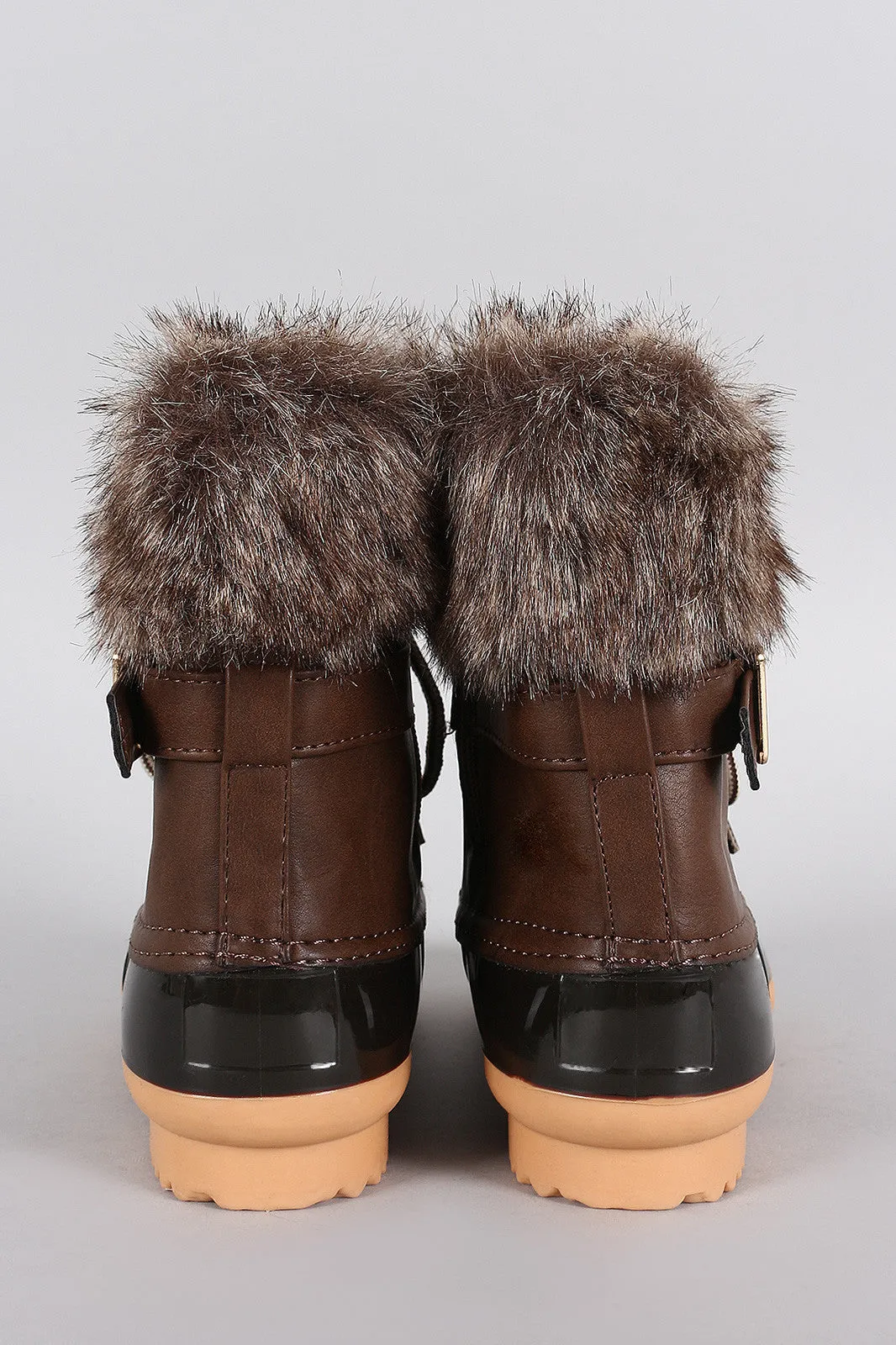 Buckled Faux Fur Cuff Lace Up Duck Ankle Boots