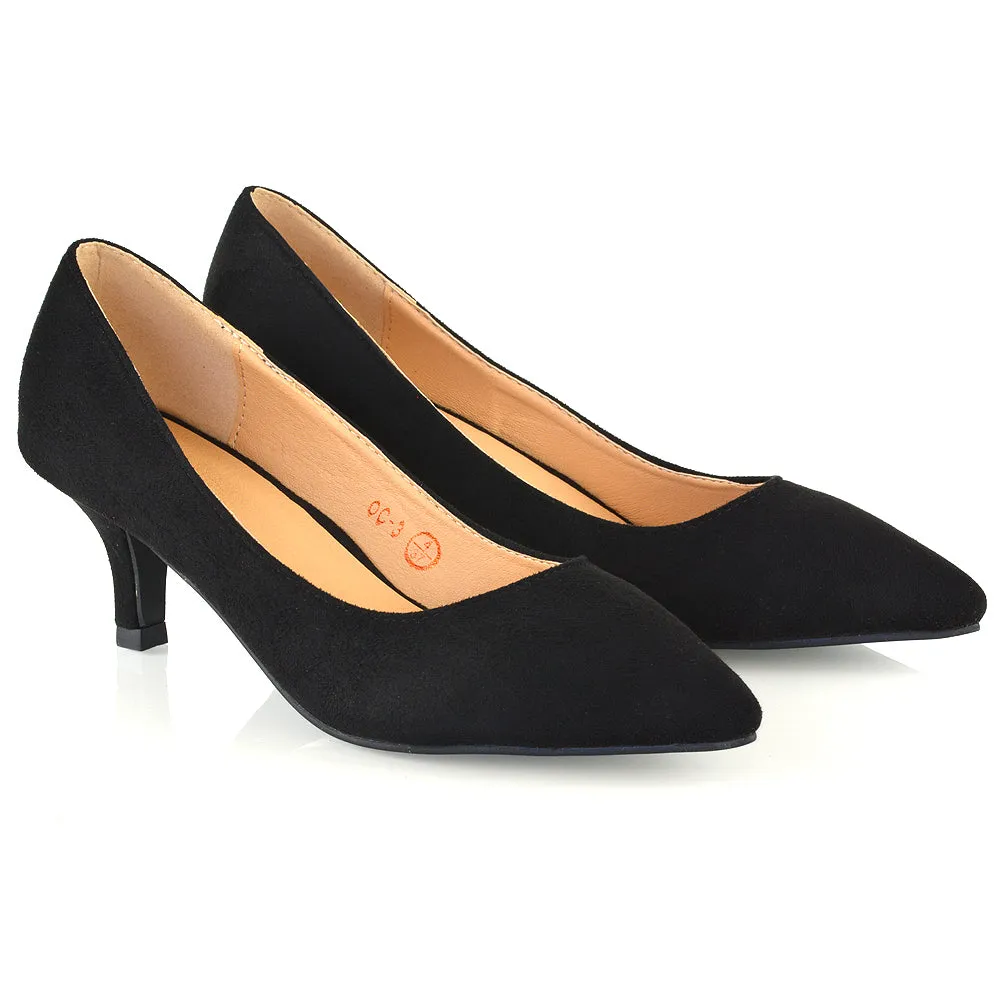 Cali Pointed Toe Slip on Low Stiletto Kitten High Heel Court Shoes in Black