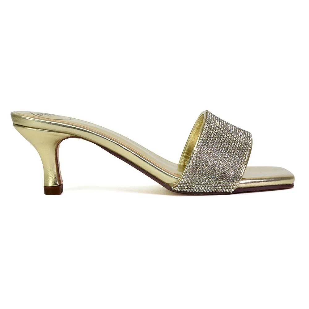 Chia Diamante Sparkly Strappy Square Toe Mid Kitten Heels Mules In Gold