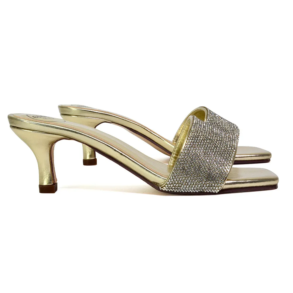 Chia Diamante Sparkly Strappy Square Toe Mid Kitten Heels Mules In Gold