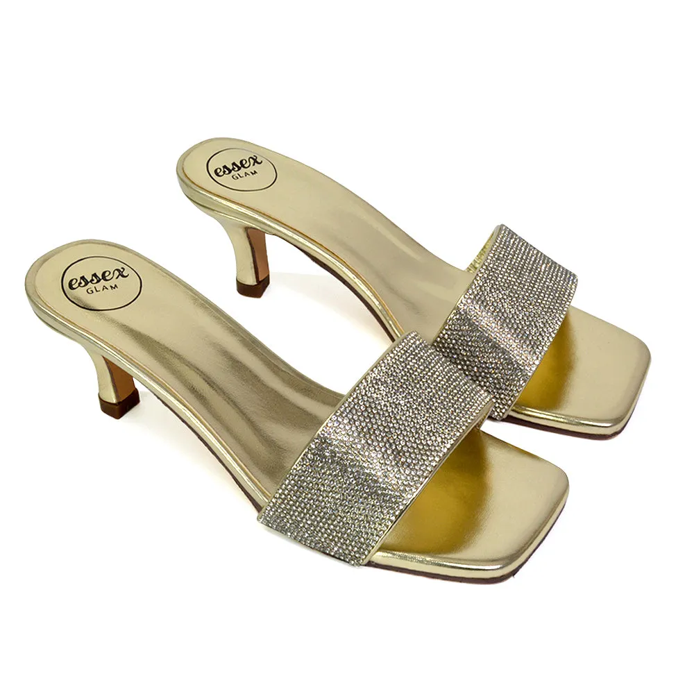 Chia Diamante Sparkly Strappy Square Toe Mid Kitten Heels Mules In Gold