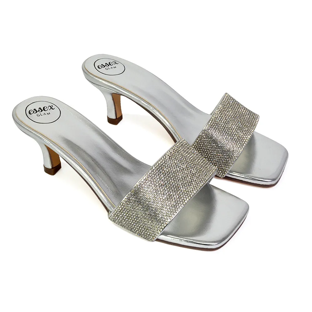 Chia Diamante Sparkly Strappy Square Toe Mid Kitten Heels Mules In Gold