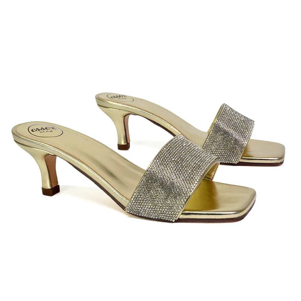 Chia Diamante Sparkly Strappy Square Toe Mid Kitten Heels Mules In Gold