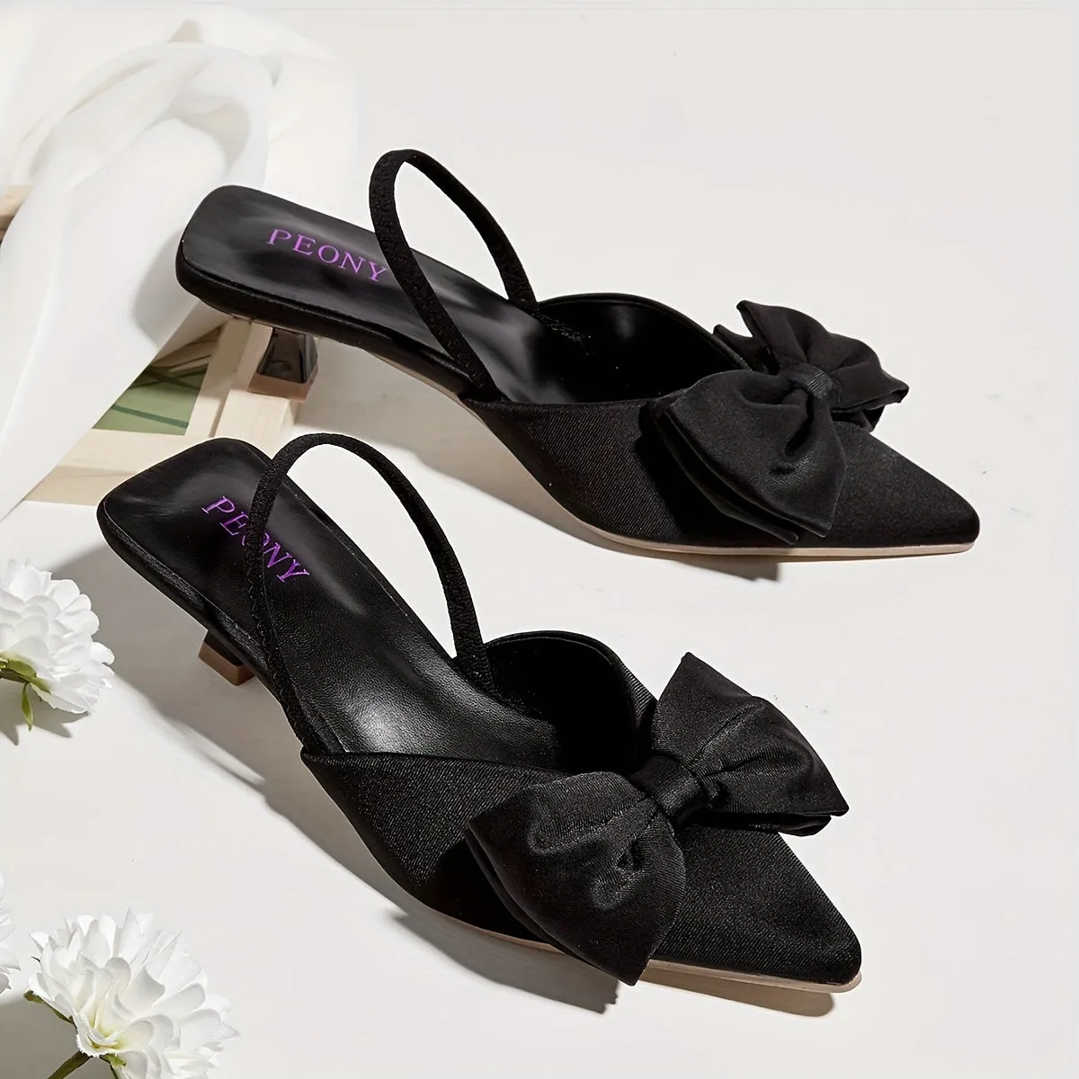 Chic Bowknot Kitten Heels Sandals - Solid Color Pointed Toe Slingback - Comfortable Slip-On for Women - Versatile Low Heels