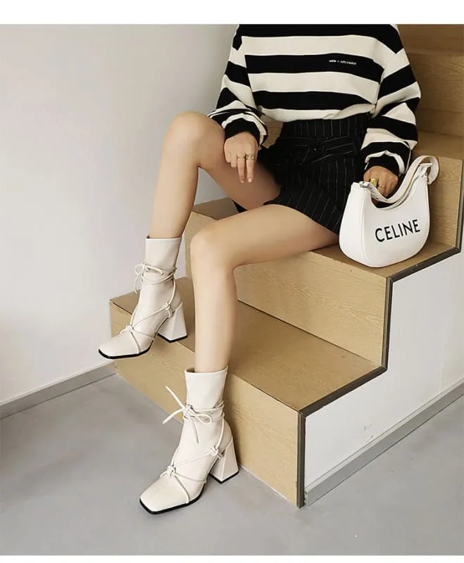 Chunky Heel White Square Head Womens Ankle Boots with Laces