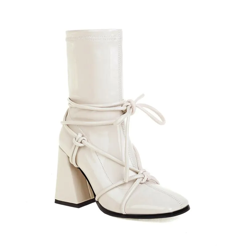 Chunky Heel White Square Head Womens Ankle Boots with Laces