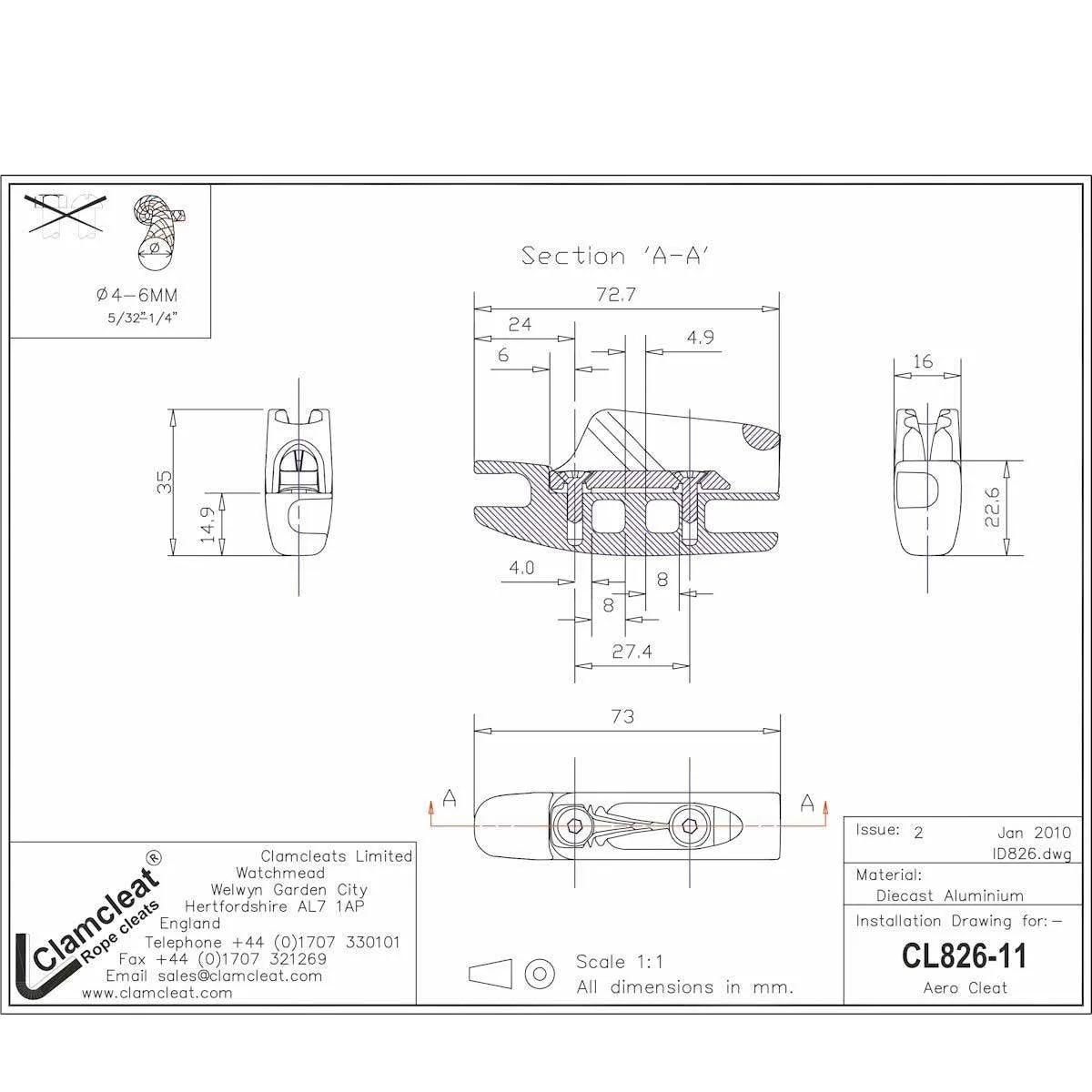 Clamcleat CL826-11 Aero Cleat with CL211 Mk2 - CL826-11