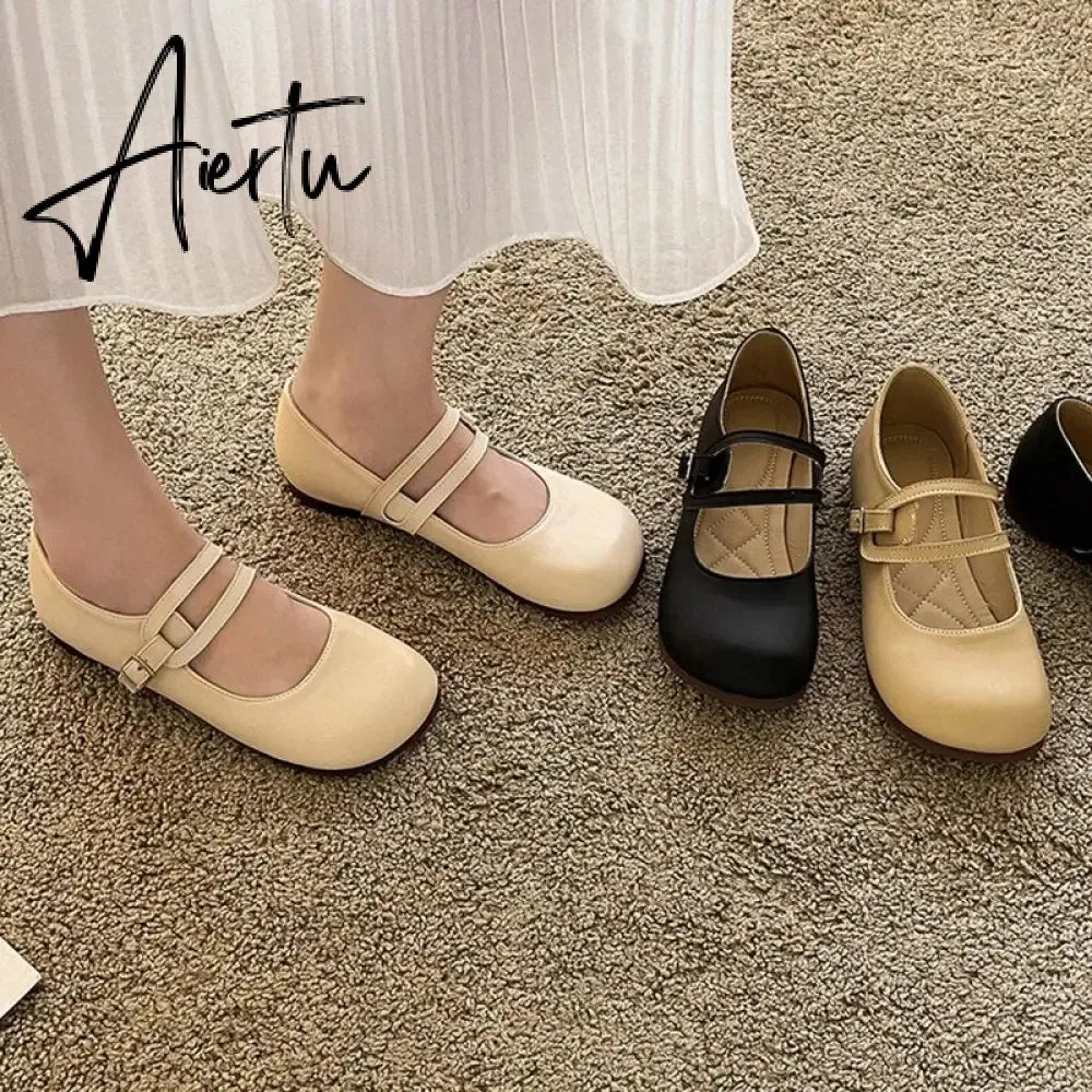 Comfort Soft Bottom Flat Shoes Women 2023 Buckle Strap Pu Leather Ballet Flats Woman Elegant Low Heels Mary Janes Mujer