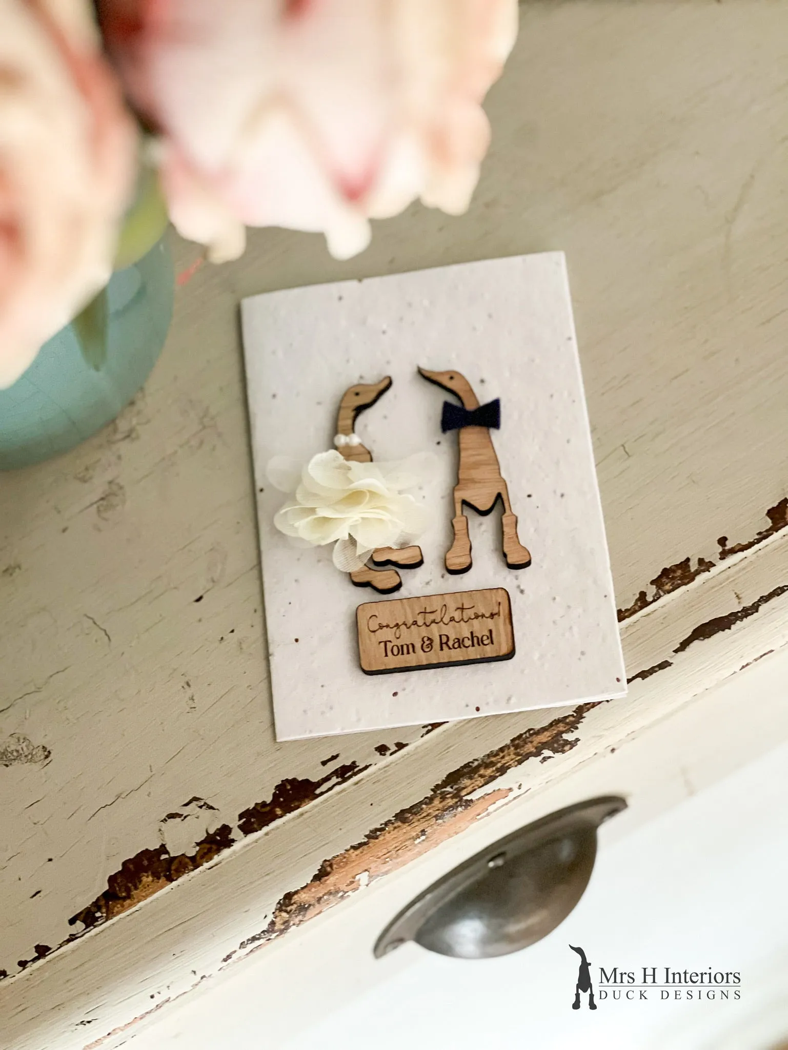 Congratulations Mr & Mrs (personalised name) Card - Duck Wedding Couple - Decorated Wooden Duck in Boots by Mrs H the Duck Lady