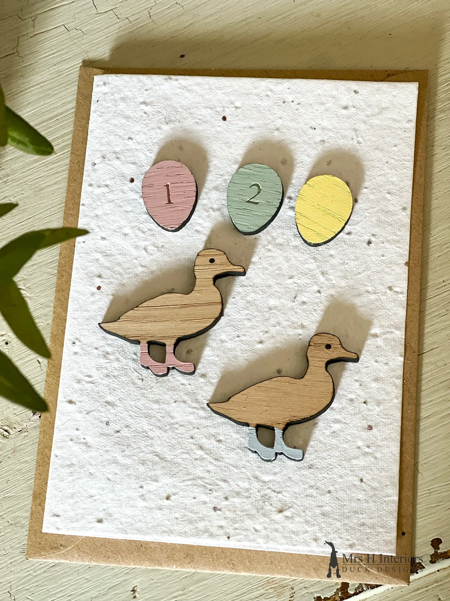 Congratulations New Baby - Duckling & Balloon - Greetings Card - Decorated Wooden Duck in Boots by Mrs H the Duck Lady