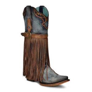 Corral Ladies Blue Jean Denim Harness & Fringe Snip Toe Boots C3873