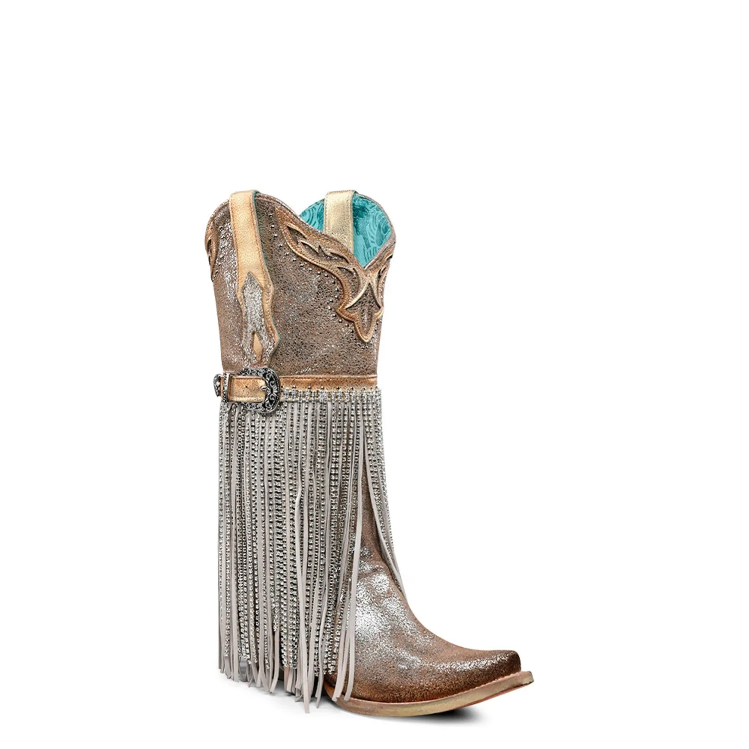 Corral Womens Gold Finish Crystal Fringe Silver Cowhide 13in Cowboy Boots